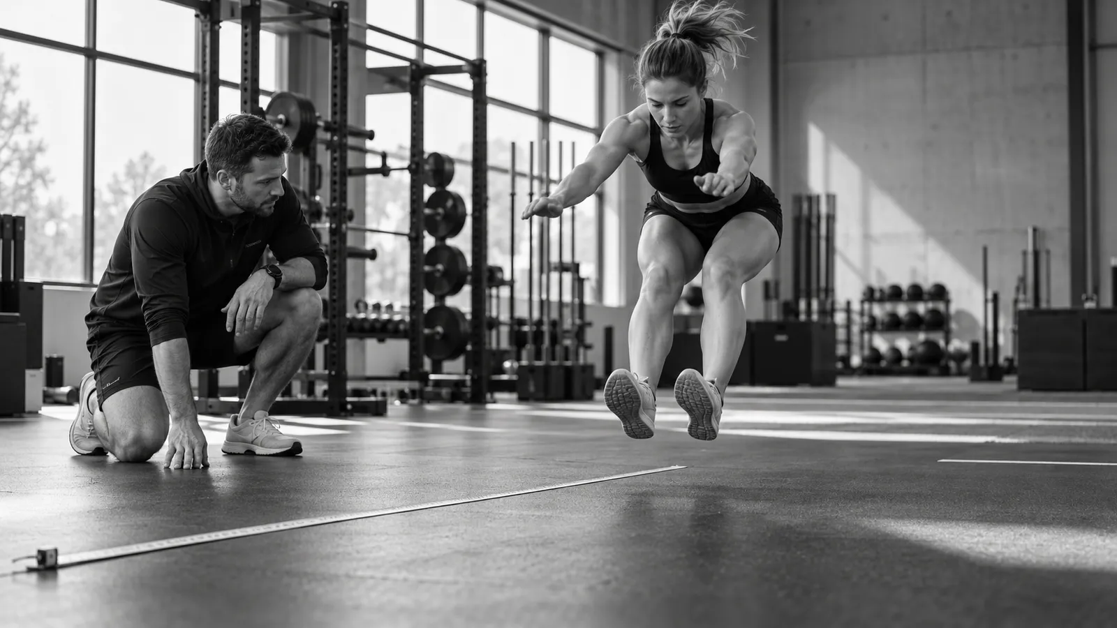 An athlete performs a standing long jump under a coach’s supervision